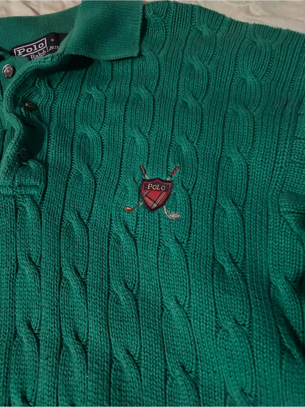 Vintage Polo by Ralph Lauren Men's Green Cable-Knit Polo Shirt with Gold Shield
